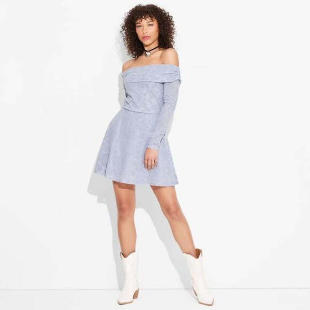 Wild Fable Women's Long Sleeve Flocked Mini Fit and Flare Holiday Dress Gray XXS